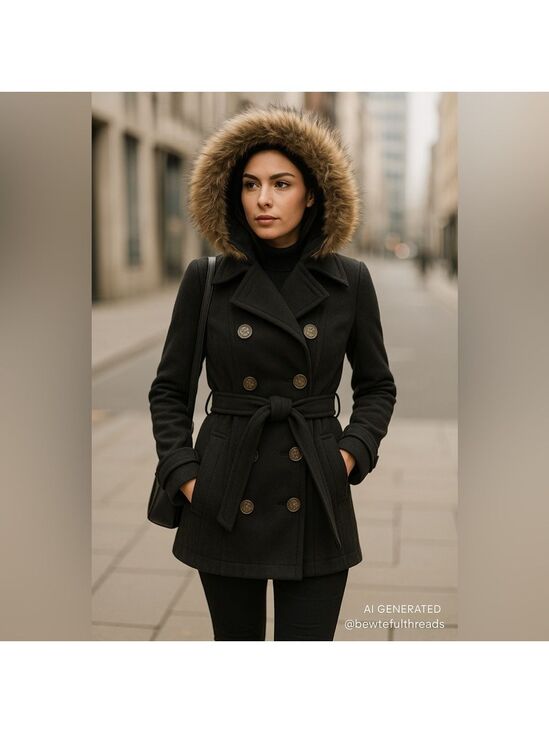 River Island Jackets & Blazers - River Island Wool-Blend Belted Coat w/ Faux Fur Hood M | Black Military Style